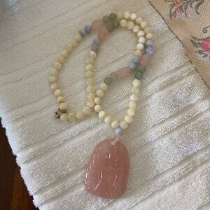 Vintage * Genuine JADE * big PINK Carved PENDANT * WHITE Blue GREEN Ball BEADS